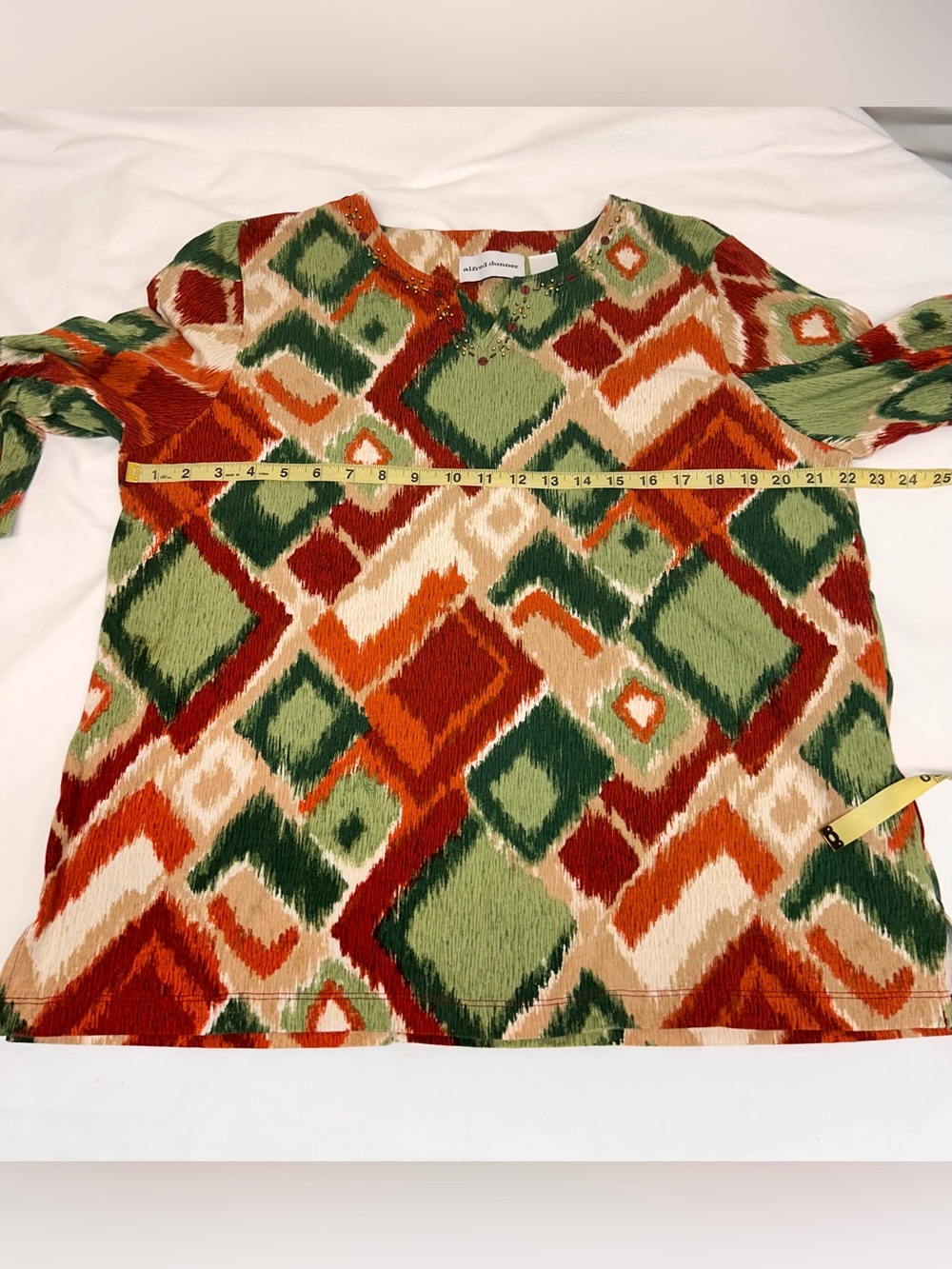 Alfred Dunner Green, Orange & Cream Geometric 3/4 Sleeve Tunic Size Large - Picture 6 of 9